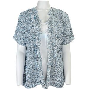 Chico’s Open Cardigan Sweater Size Small Short Sleeve Blue White Knit Fringe